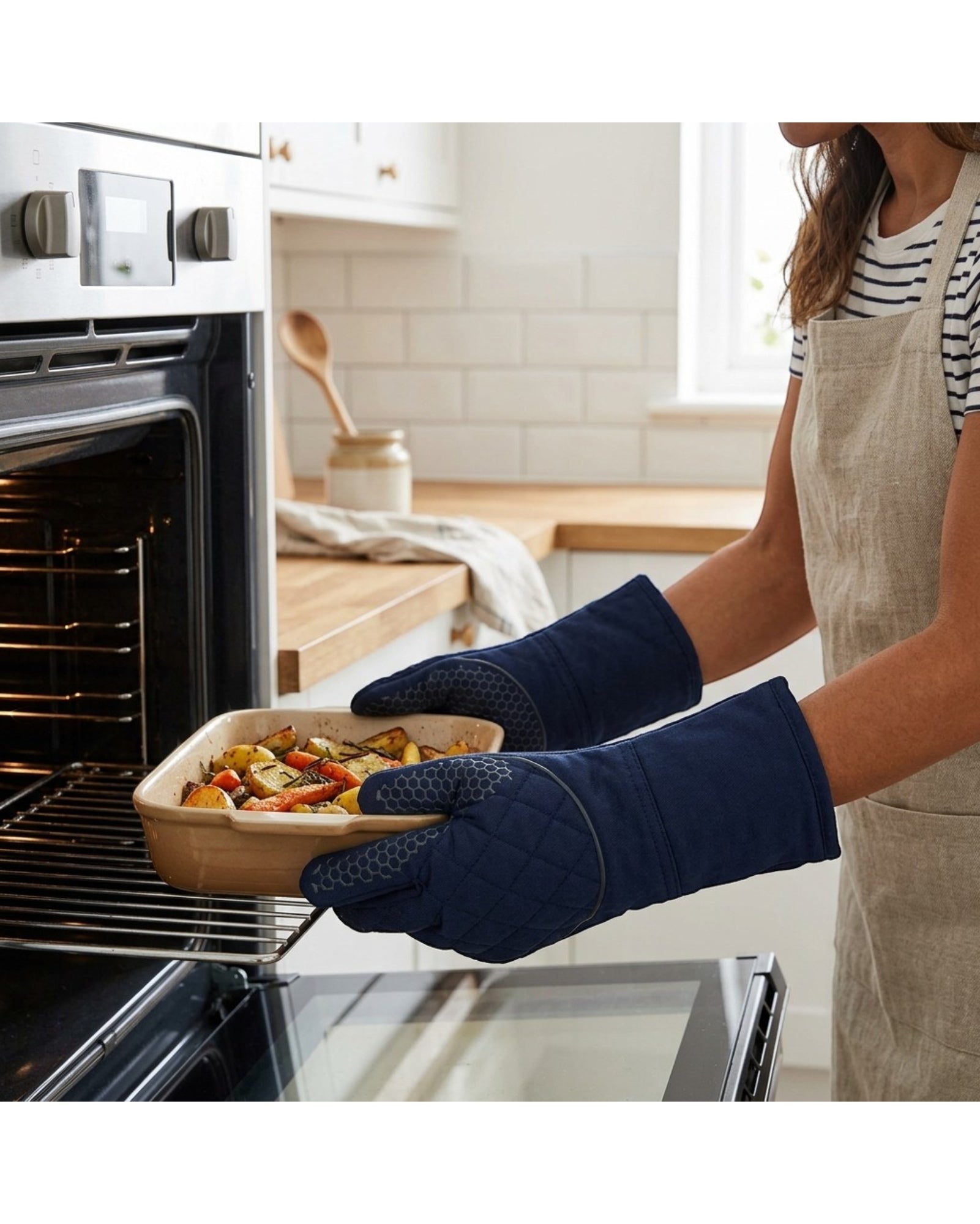 Tastyly Long Cuff Oven Gloves Cotton Silicone Grip Navy
